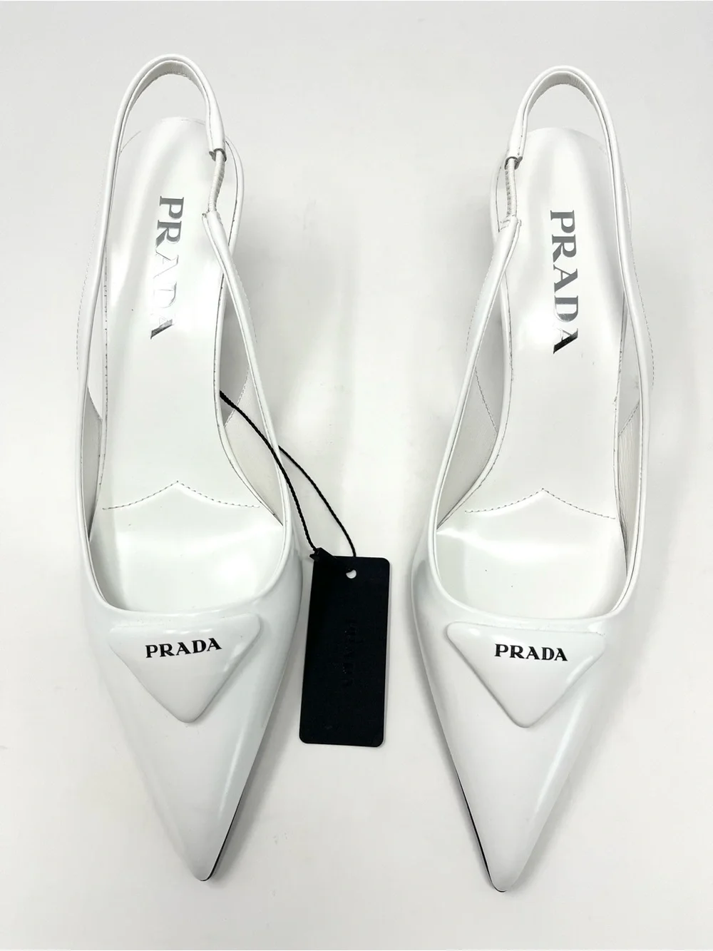 NEW Prada Triangle Logo White Brushed Leather Slingback High Heels Pumps 37 7